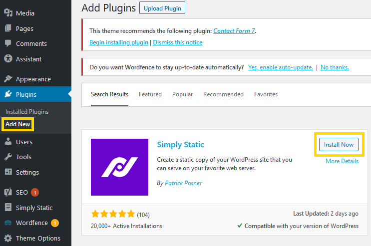 Installing WordPress Simply Static plugin for generating static site