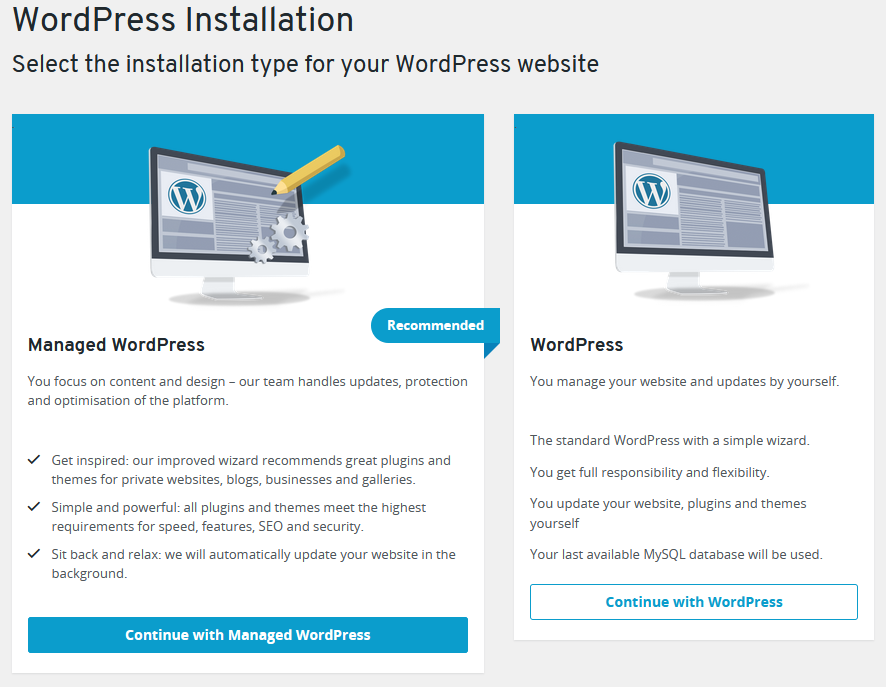 choosing between managed and standard wordpress installation type on ionos