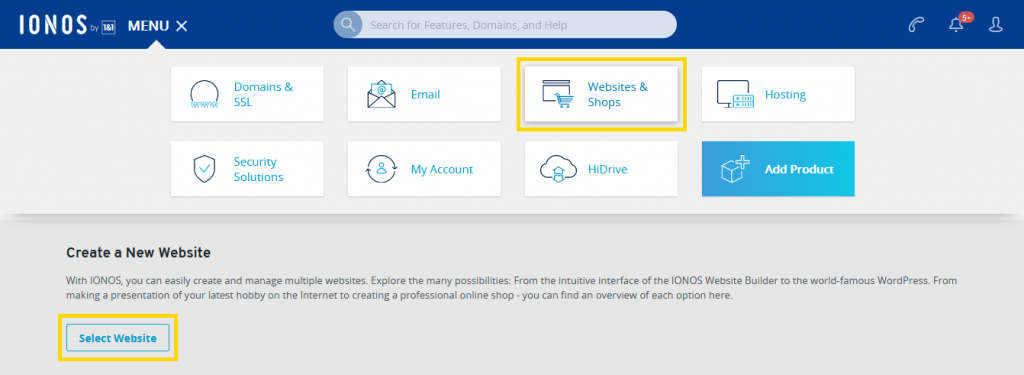 starting a new website through the ionos hosting web application