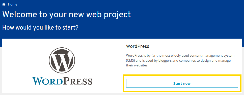 selecting wordpress project type on ionos