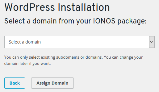 Select a domain name for the IONOS WordPress package.