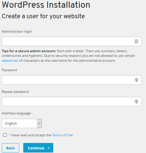 Setting the WordPress admin login name and password. 