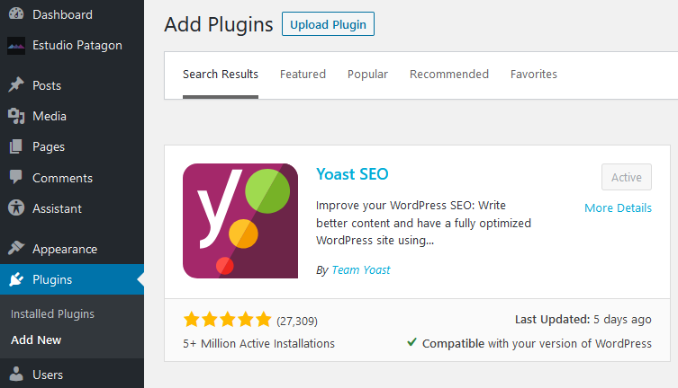 installing wordpress yoast seo plugin in the admin dashboard