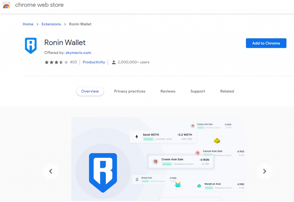 Installing Ronin Wallet from Chrome web store.