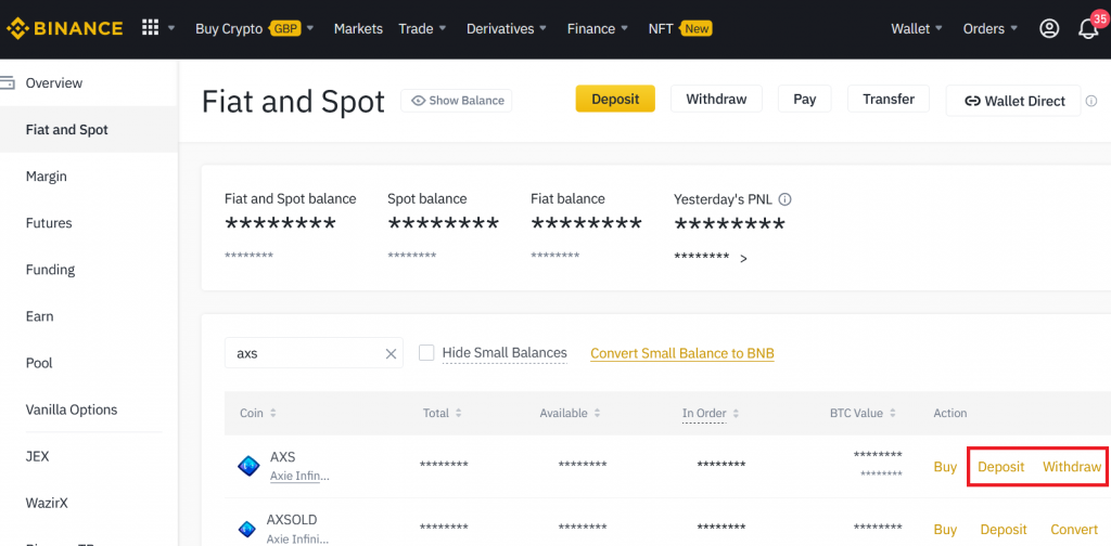 Buy, deposit, withdraw AXS on Binance 