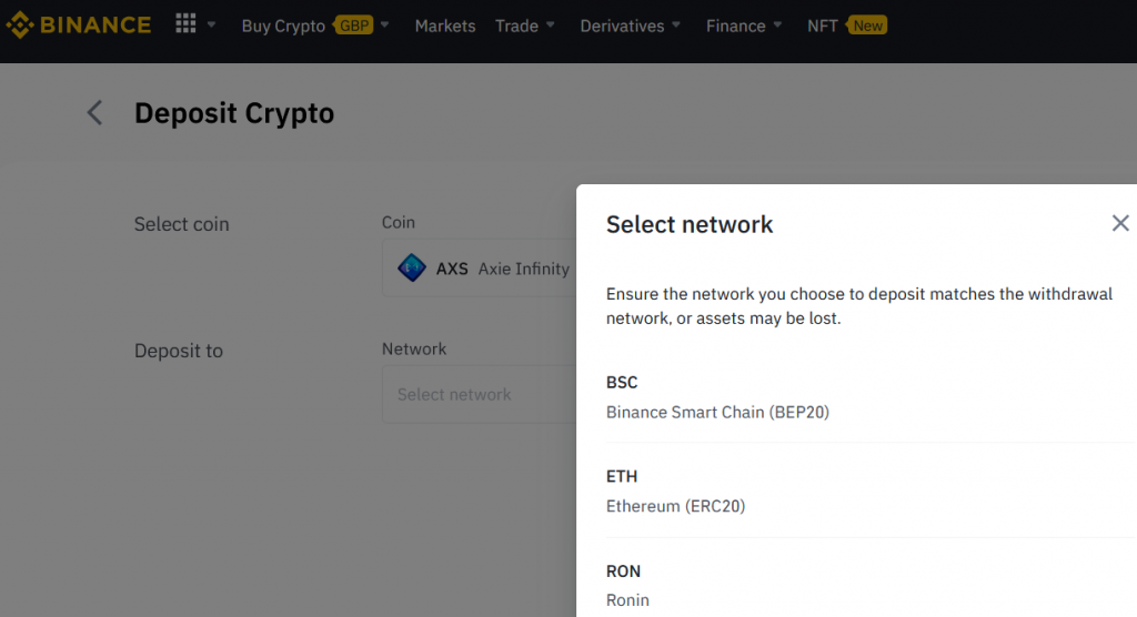 Deposit AXS to Binance