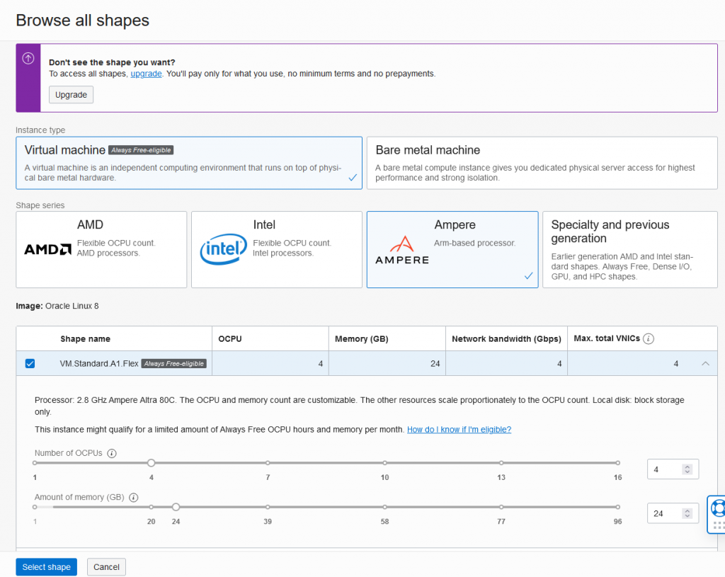 Selecting CPU and memory of Oracle cloud VPS