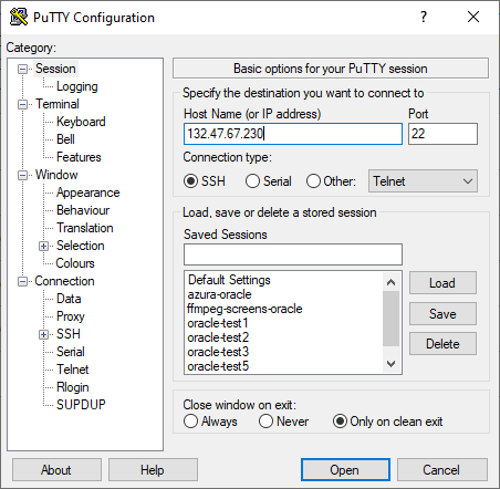 connect to free cloud VPS using PuTTY