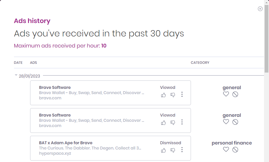 Brave browser ad history page