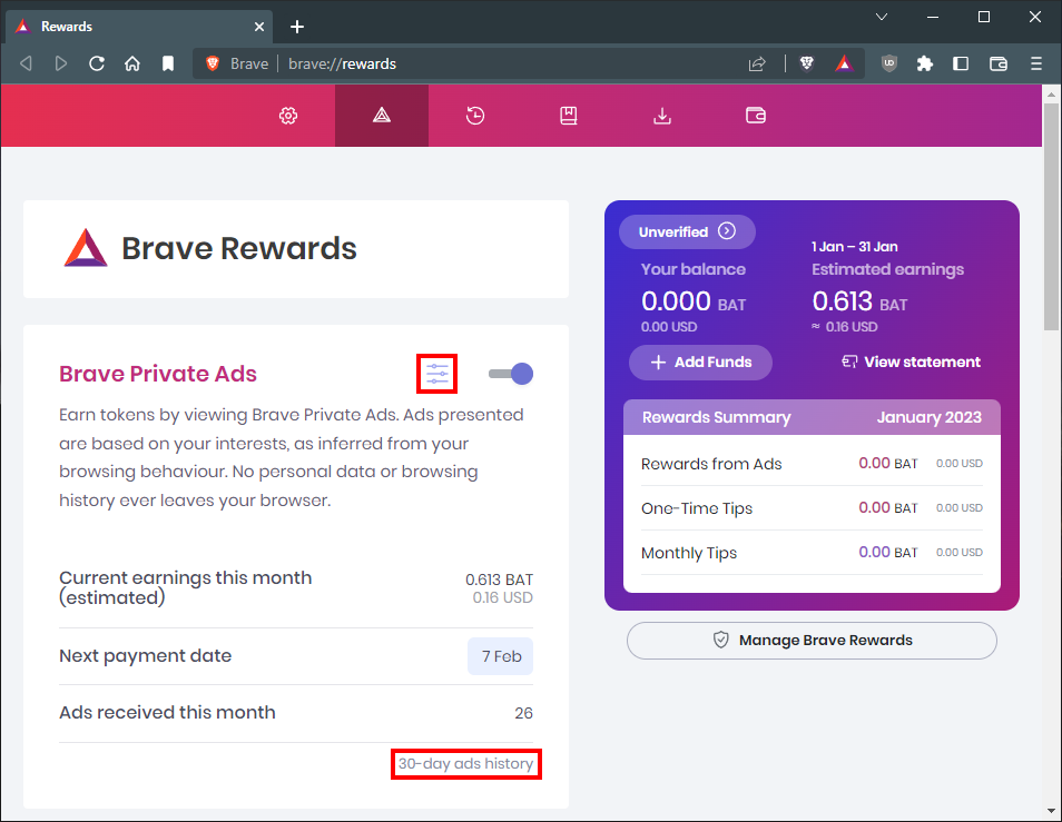 Brave reward's settings page showing money earned