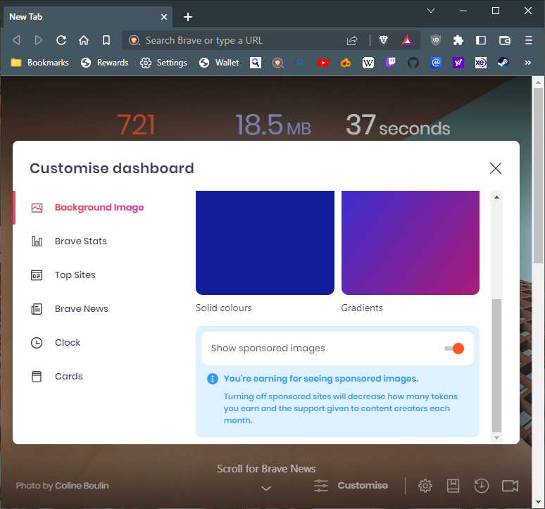 Background image settings for Brave browser new tab page