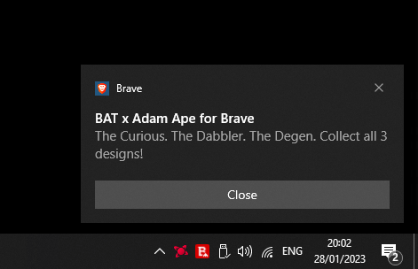 Brave notification that earns BAT advert appearing on Windows