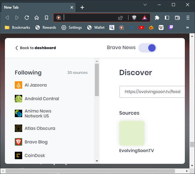 Customizing the news feed in Brave browser