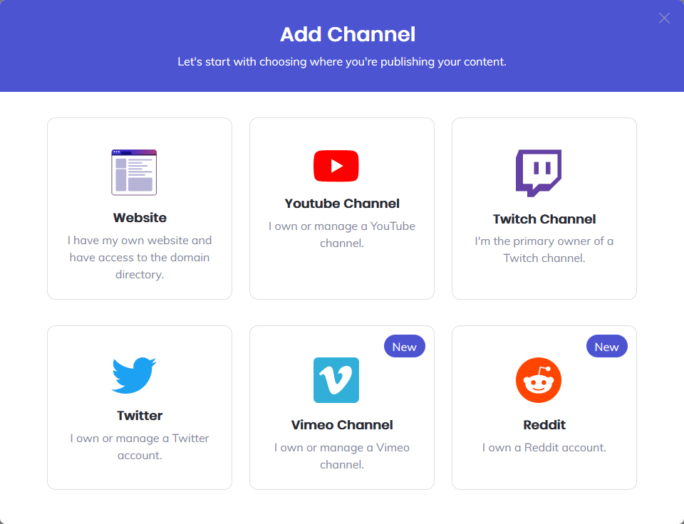 Select YouTube channel to add on Brave Creators