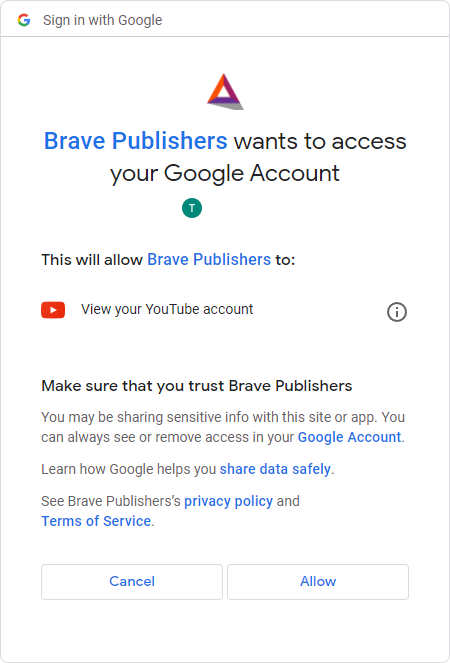 Allow Brave Publisher to acces your Google account